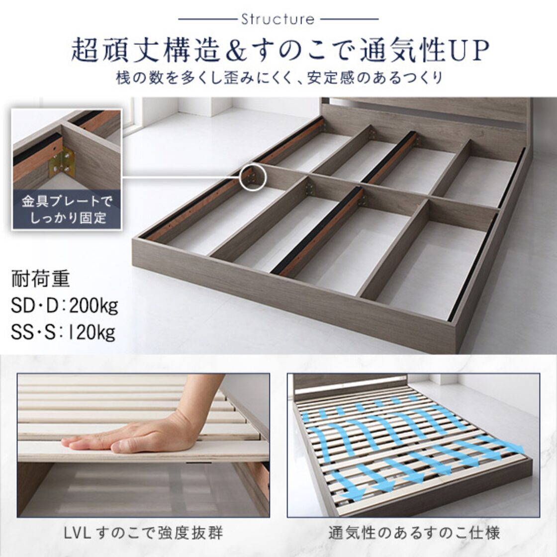 ベッド シングル ポケットコイルマットレス付き グレージュ ロータイプ 
