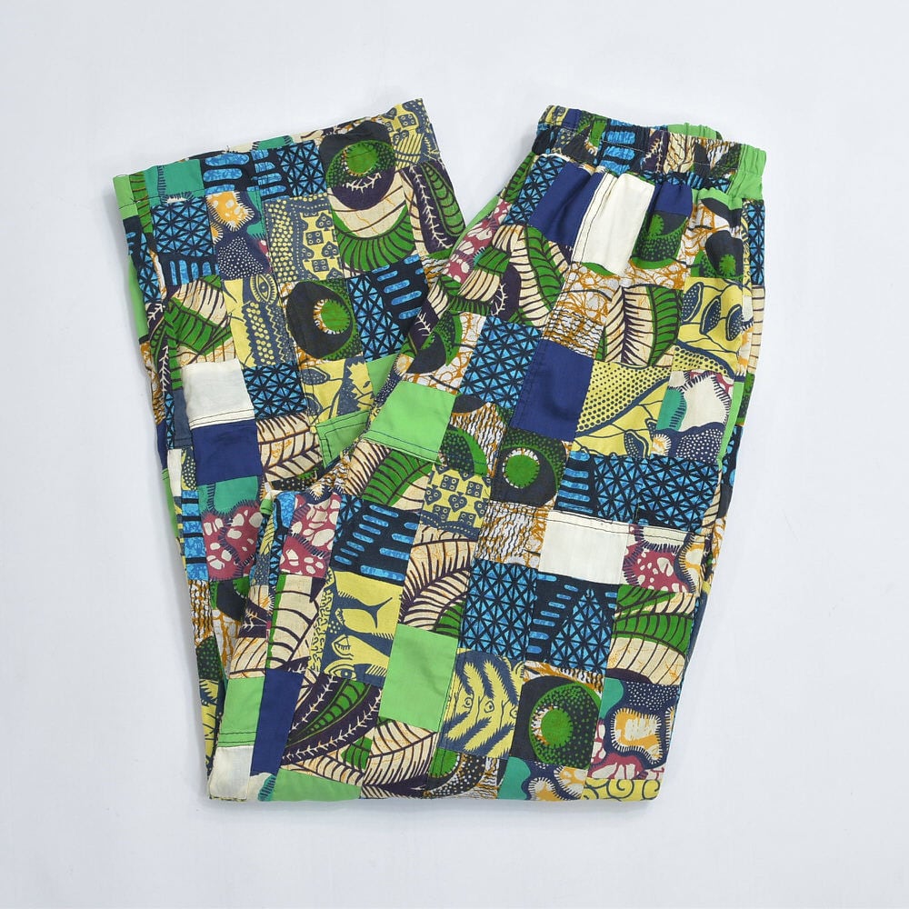 Remake リメイク ハンドメイド バティック柄 デザイン パッチワーク キルトトップ ルーズシルエット イージーパンツ 再構築 ツギハギ 裏地付き ユニセックスデザイン W65~100cm