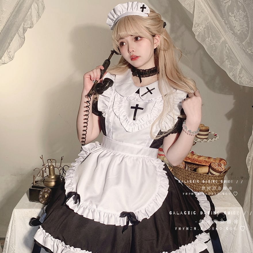 ロリータ メイド服 フルセット ワンピ エプロン 頭飾り 首飾りコスプレ