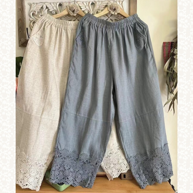 裾レースヘムクロップドパンツ W1683