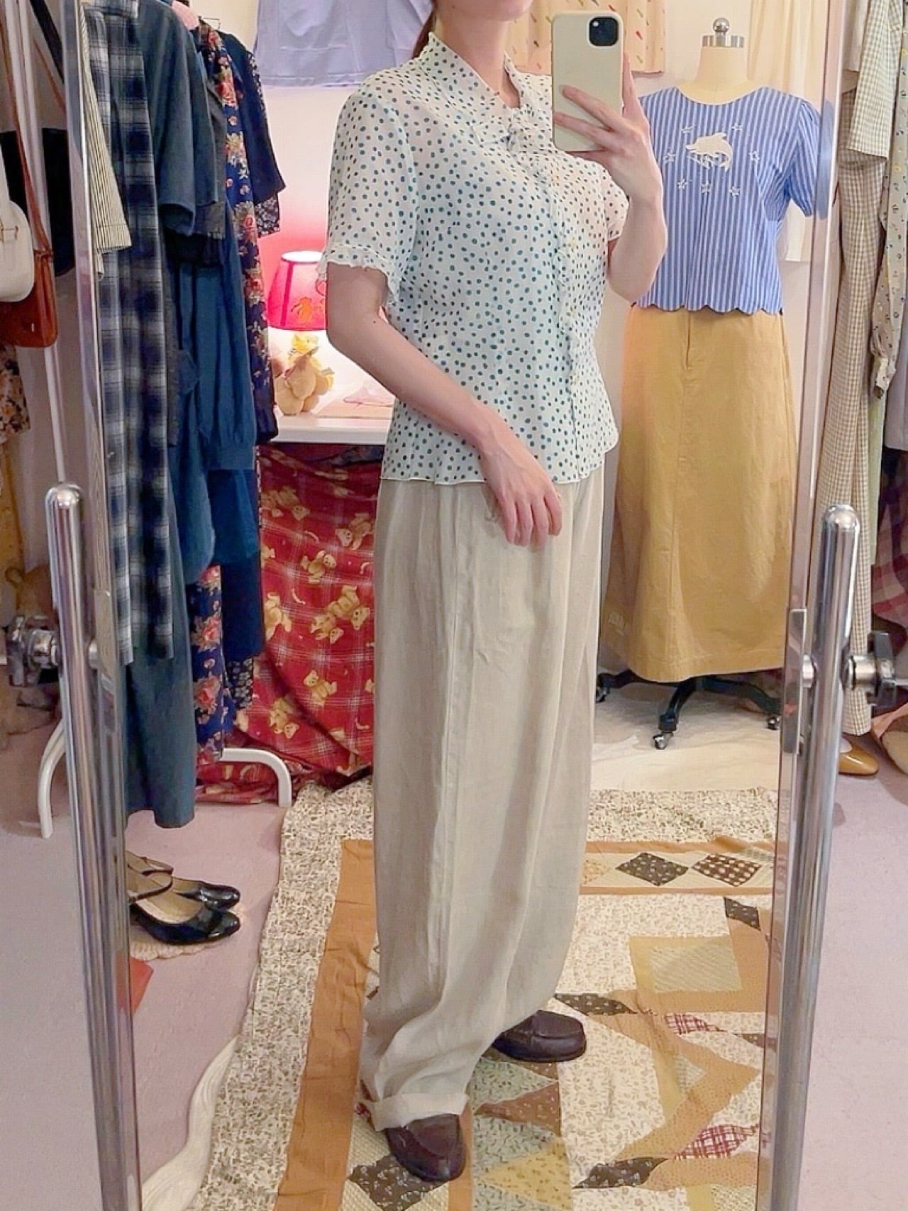 water blue dot frill blouse