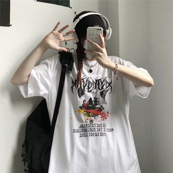 送料無料】KOREA ダークプリントルーズTシャツ メンズレディース