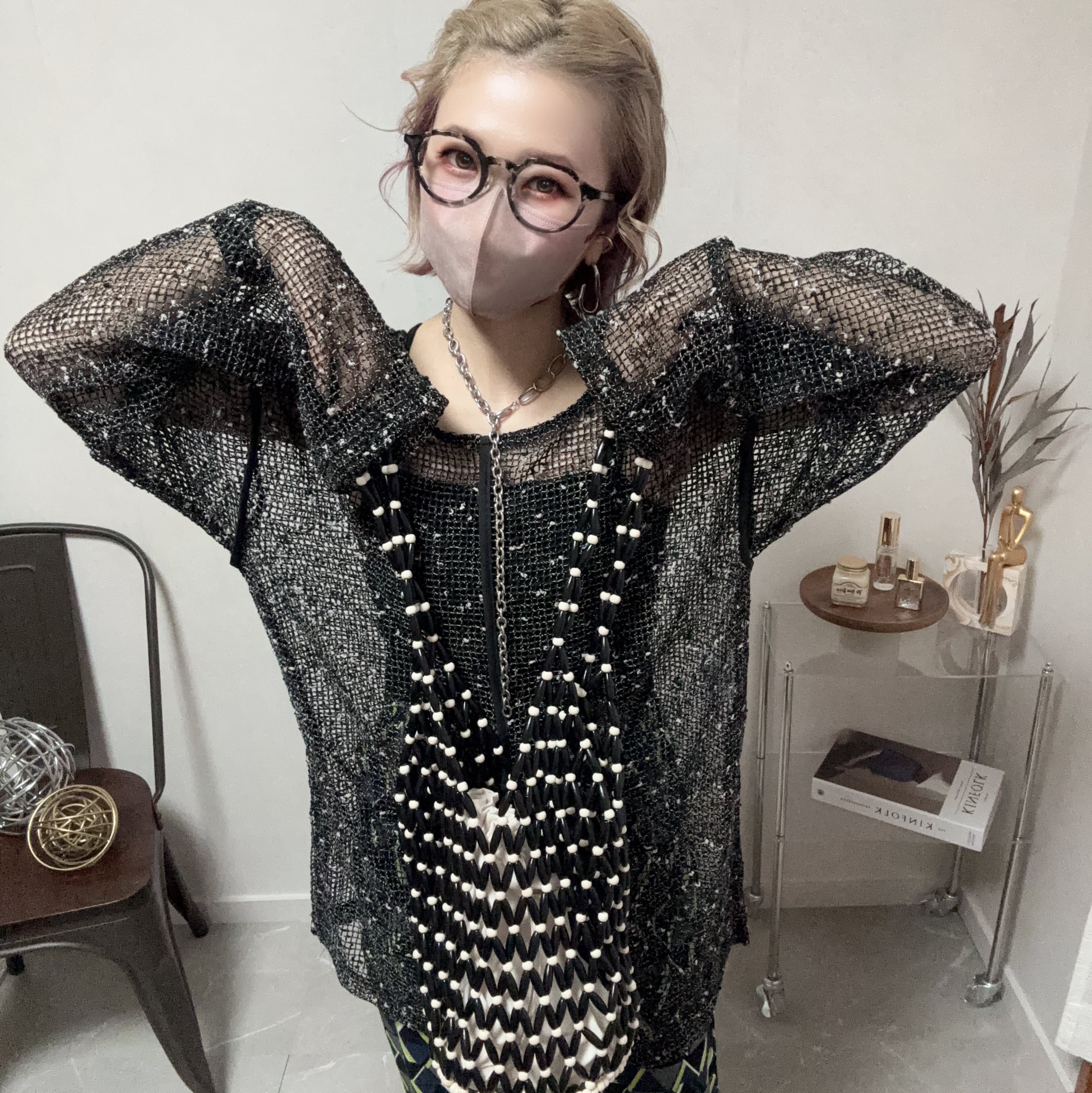 mix mesh 2way summer knit tops【black】