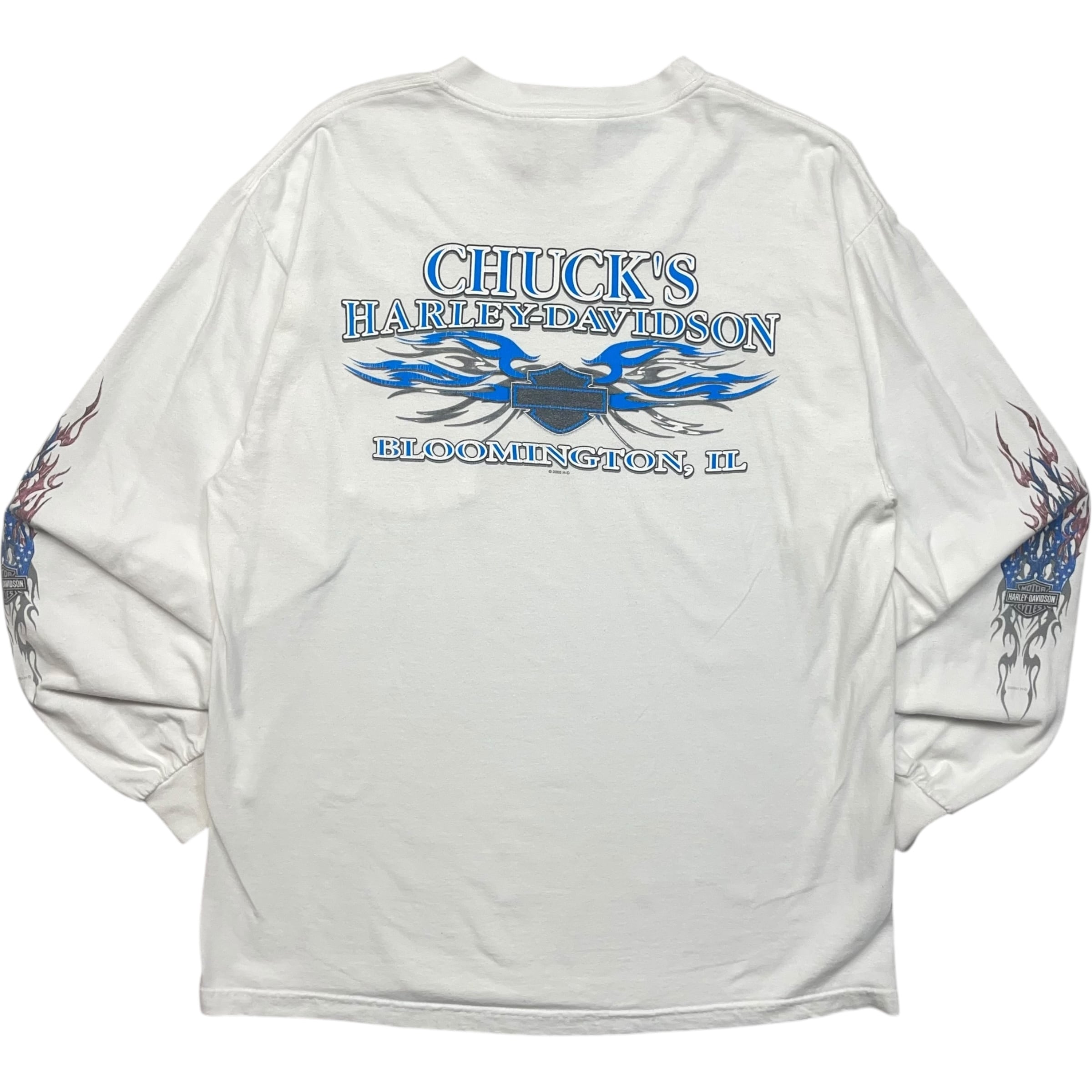 《L》 Harley-Davidson ハーレーダビッドソン ロングTシャツ 胸ポケット フレイム 袖プリント ホワイト USA製 90年代〜 no.9603