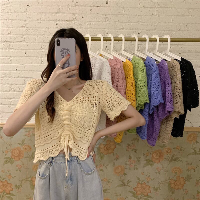 スタイルトップス サマーショートギャザーVネックセーター 薄手シャツ 夏物 1号婦人47476154413