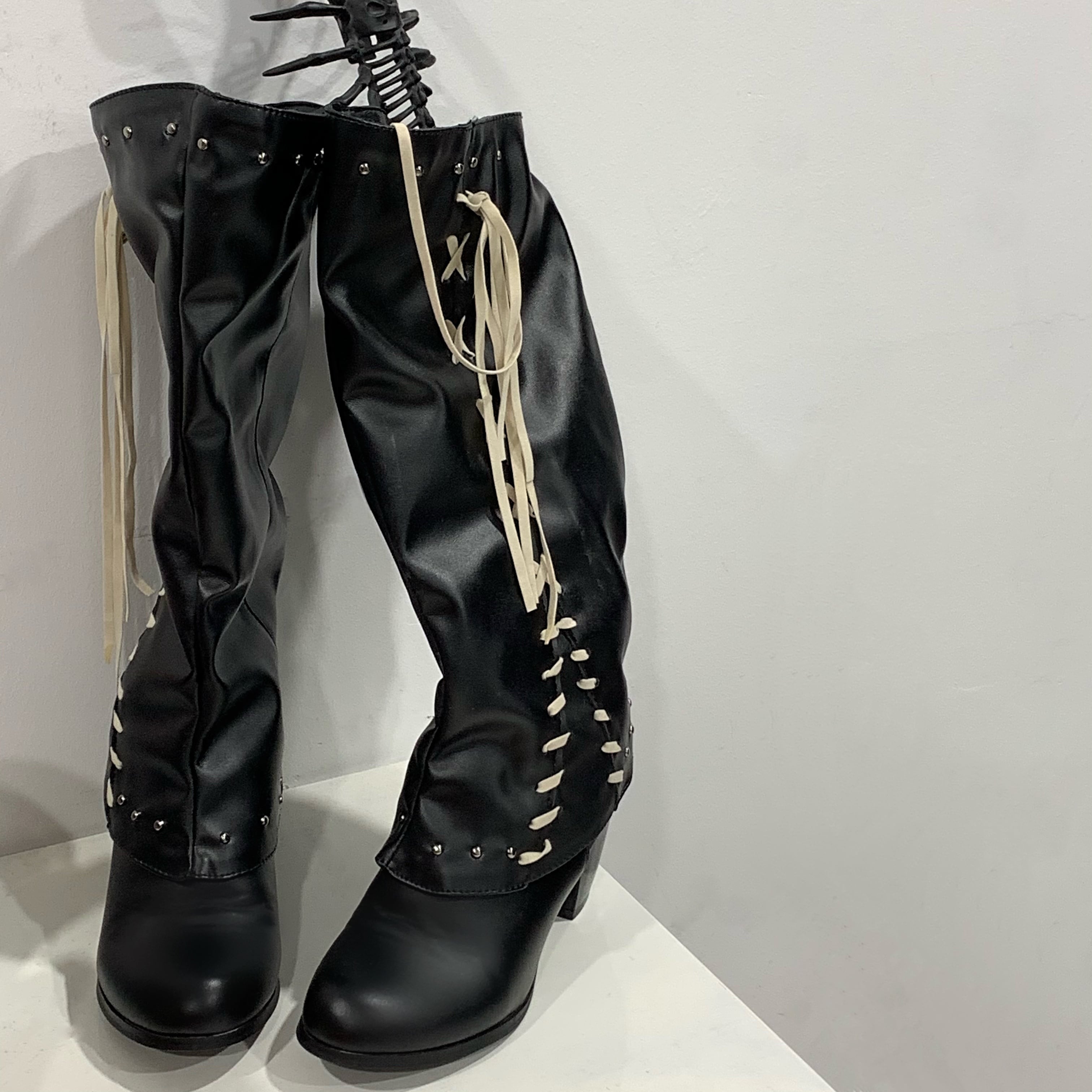 ピンク ロリィタブーツ チャンキーヒール レースアップ リボン