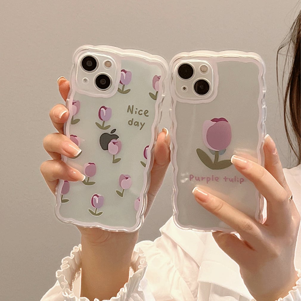 フレームまで可愛い❤︎チューリップデザイン クリア ウェーブ 透明 スマホケース ND-14551
