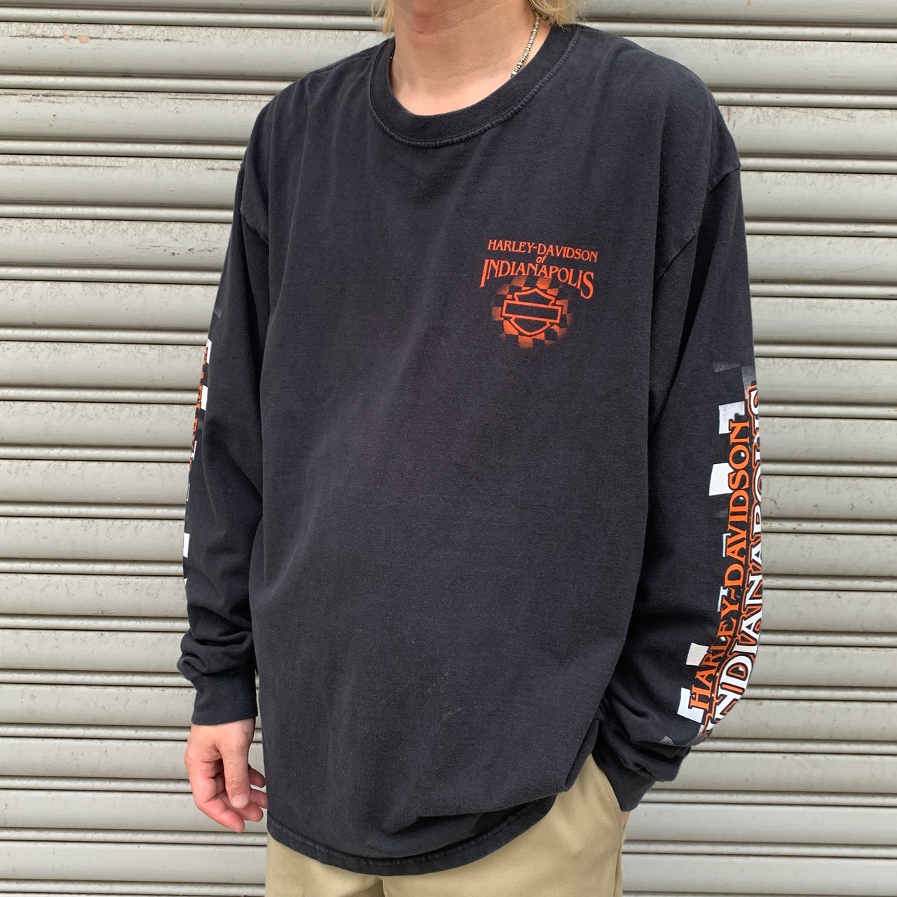 USA製 ハーレーダビッドソン スリーブロゴロンT チェッカーフラッグ 黒 XL