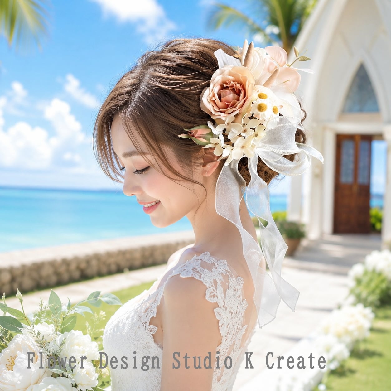 アンスリウムと薔薇と紫陽花のヘッドドレス ウェディング 結婚式 リゾ婚 花嫁ヘア 前撮り 後撮り アンスリウム 髪飾り