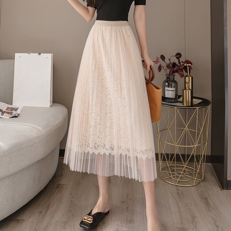 スカート レディース 2色 チュールスカート ミモレ丈 プリーツ 総レース 透け感 メッシュ チュール シフォン 切り替え 裏地付き ミモレ丈 Aライン ウエストゴム かわいい 大人可愛い きれいめ フェミニン おしゃれ お洒落 おとな ナチュラル キュート ガーリー 学生 通学 デート お出かけ 女子会 旅行 ブラック アプリコット 春 夏 秋 冬 10代 20代 30代 韓国 韓国系 着回し 普段使い 重ね着 体型カバー コーデ 韓国ファッション フレンチファッション キュート ワンサイズ 送料無料