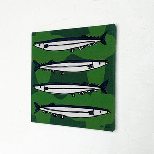 秋刀魚4本のファブリックパネル(15×15cm)