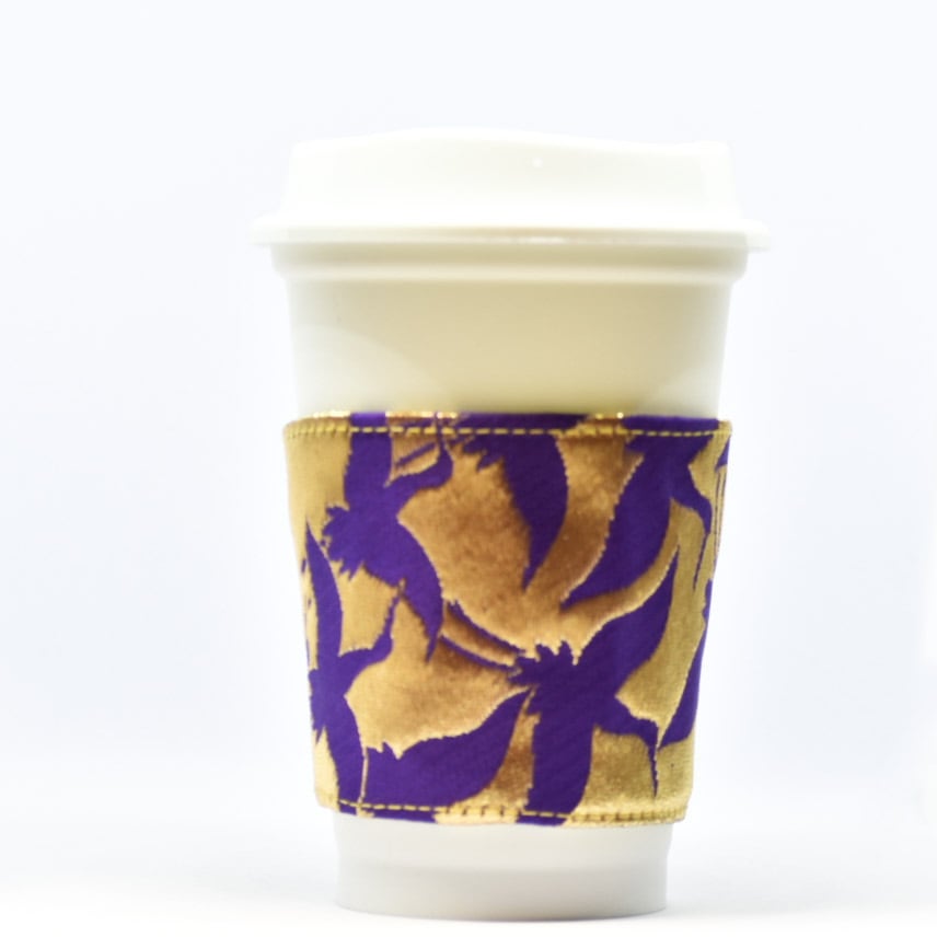 帯 カップスリーブ コーヒースリーブ リメイク 日本製 パープル×ゴールド 折鶴 - cup sleeve