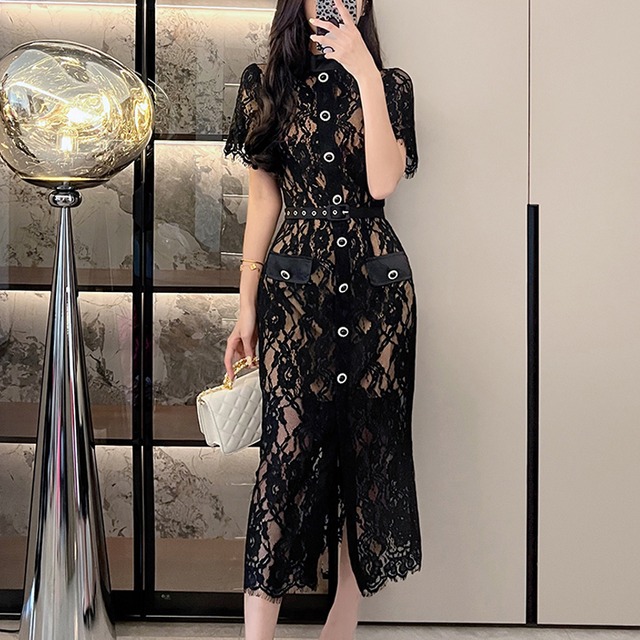 【RIMIシリーズ】ワンピース レース シングルブレスト フェミニン ブラック S M L XL