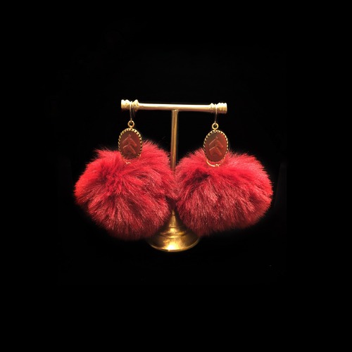 Fluffy fur ball & red cameo drop earrings