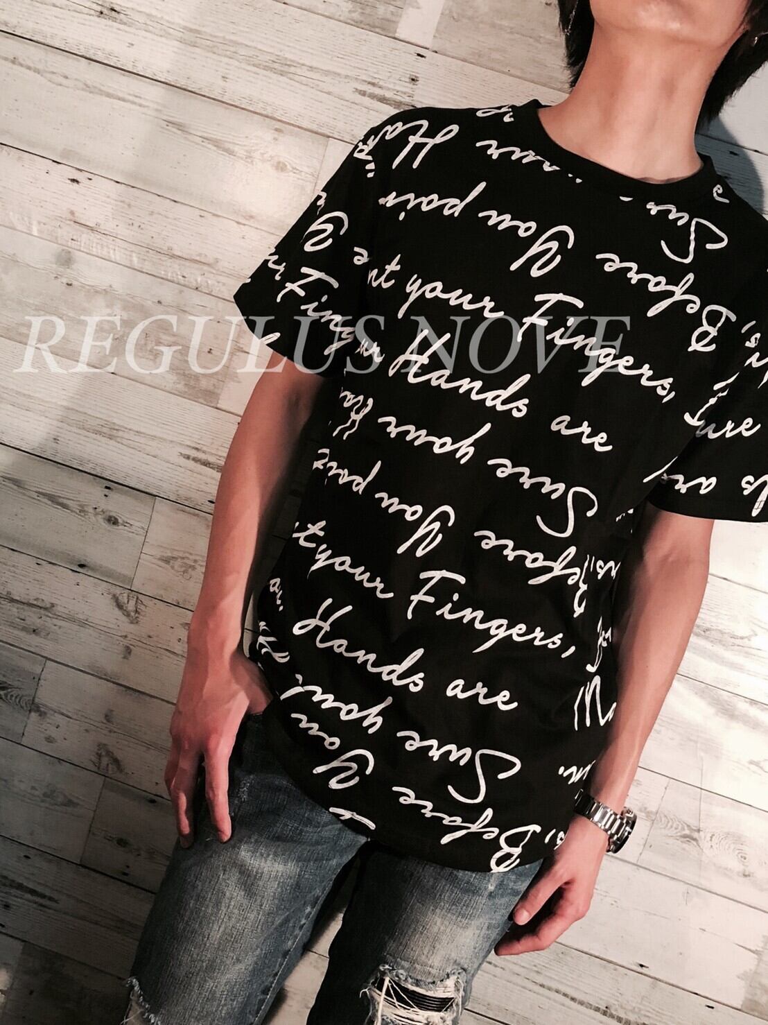 ランダムメッセージプリントロングTシャツ BLACK