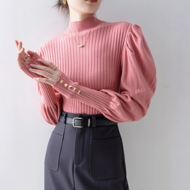 トップス ニットセーター 長袖 ランタンスリーブ デザイン感 無地 ピンク S M L