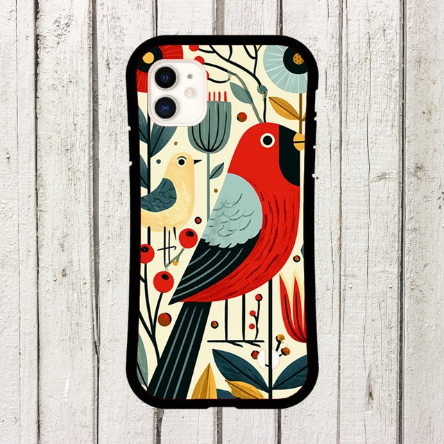 受注生産 iPhoneケース 鳥と赤い丸花の民芸柄｜鳥モチーフ FMSY121B