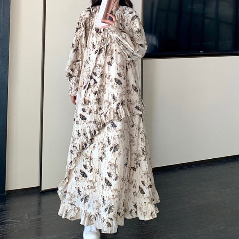 Toile Botanical Tie-Neck Flounced Gown S0328