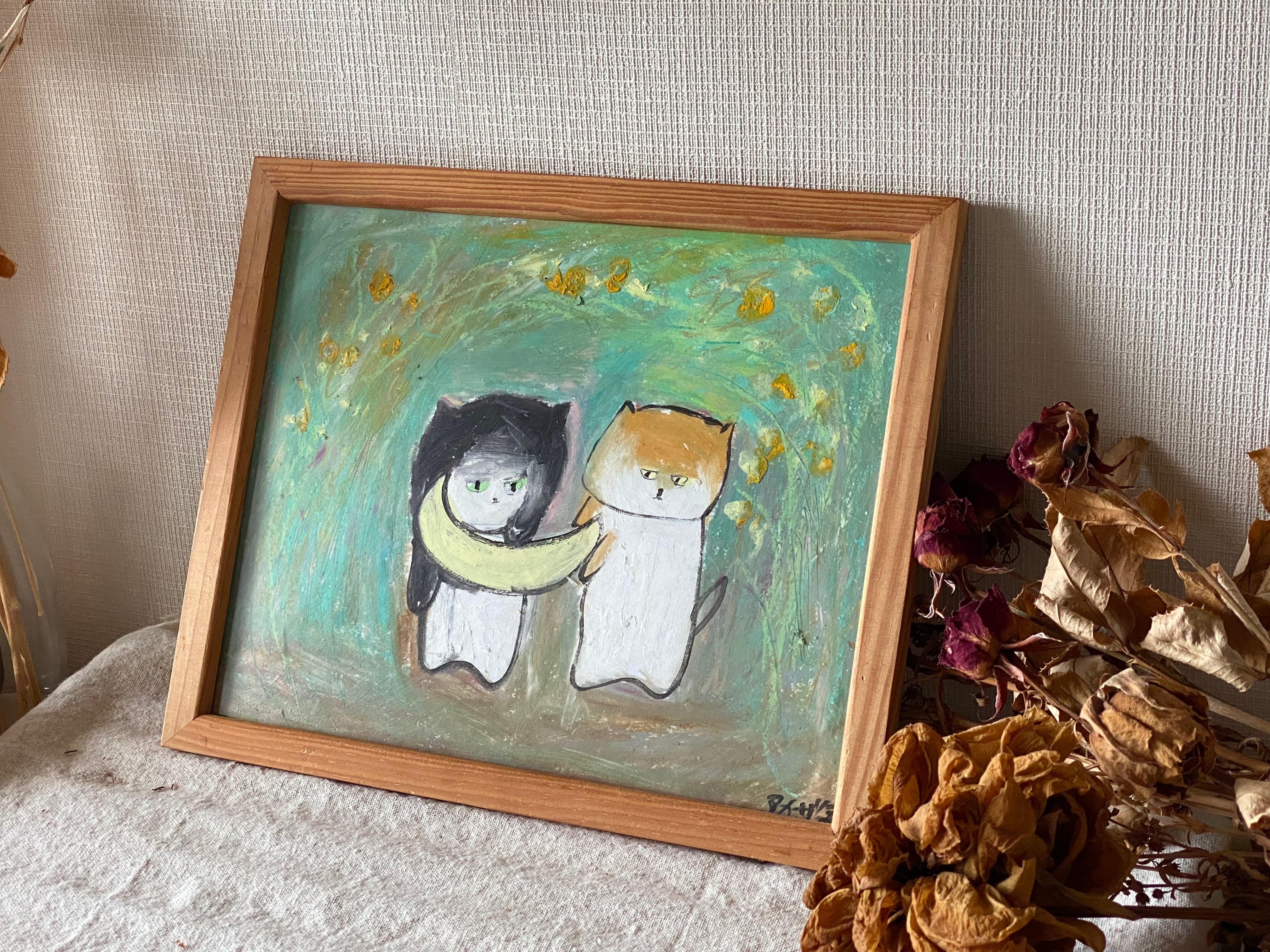 絵画。原画【神秘的な花の基地で、猫ちゃんたちは月を持って未来を楽しみにしている】 絵画。原画【神秘的な花の基地で、猫ちゃんたちは月を持って未来を