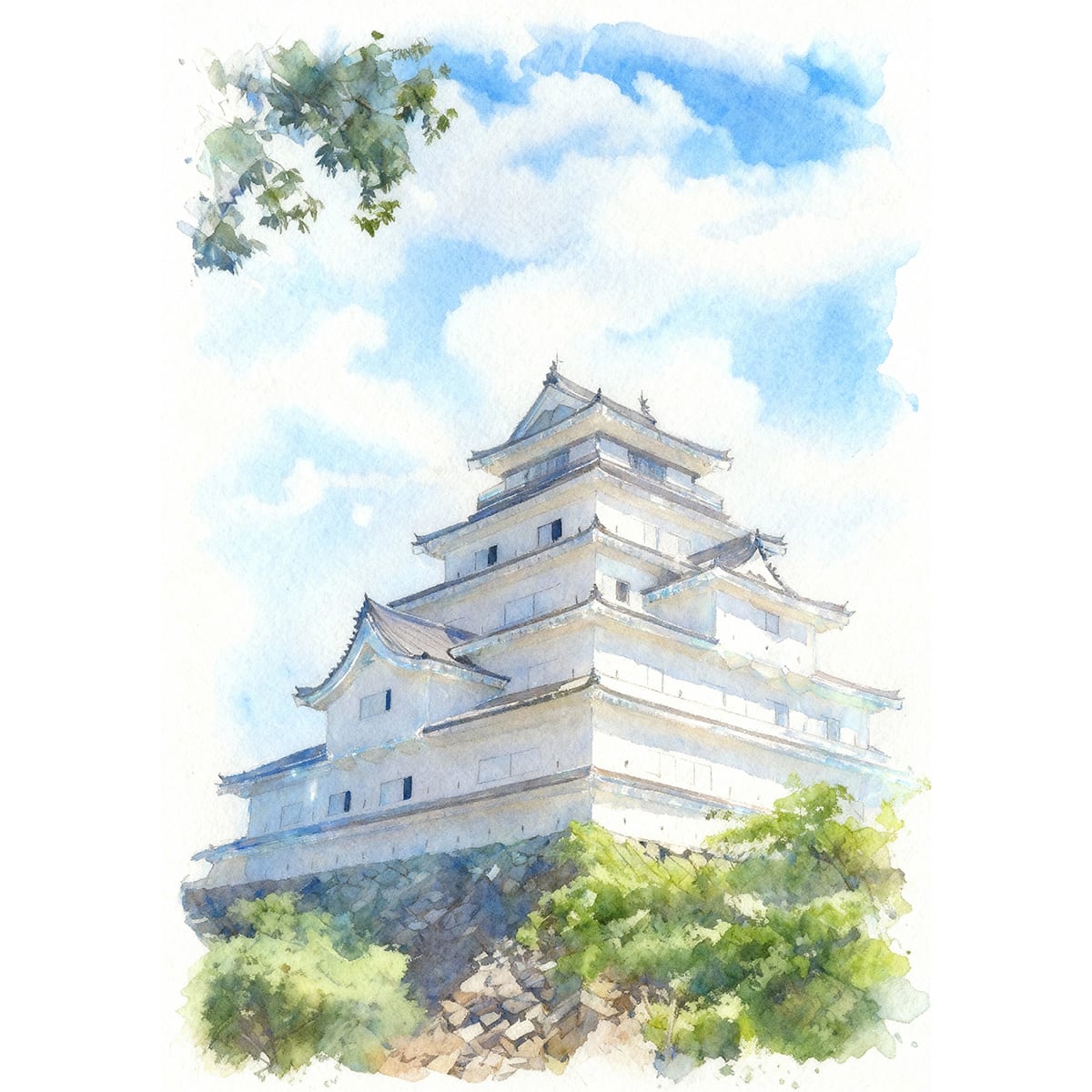 絵画 風景画 日本の城 福島県会津若松城(鶴ヶ城) インテリアアート額付き 水彩画・油絵風 WAT0951