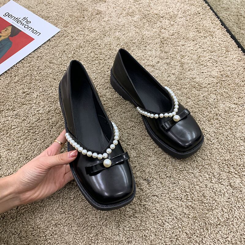 ブラックレザースプリングスタイルセット パール 靴 シューズ 春物 真珠 スクウェア フェイクシューズ7936778191