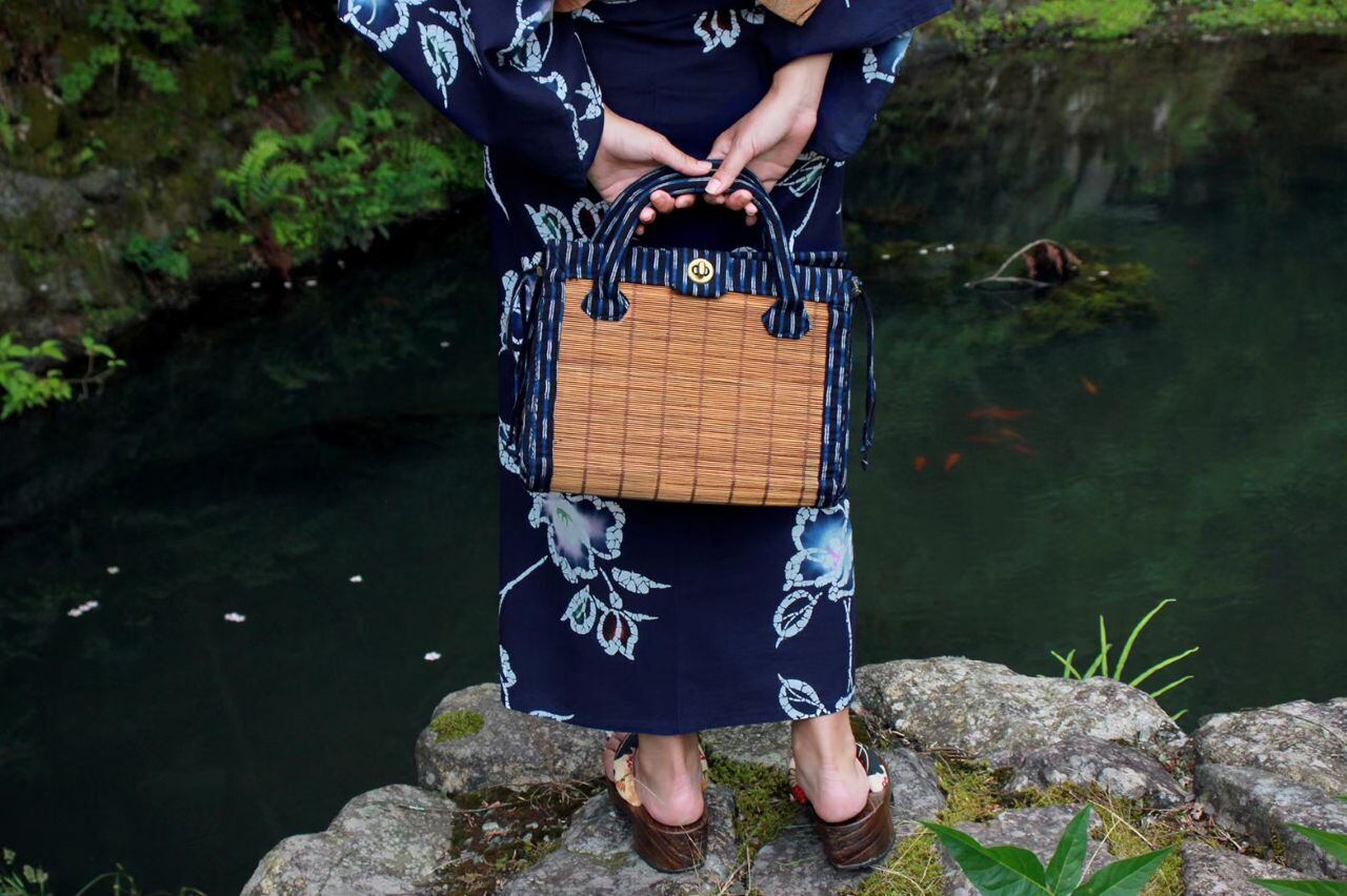 ハンドバッグ】すだれ着物バッグ 久留米絣×すだれ Mikan bag | 町家