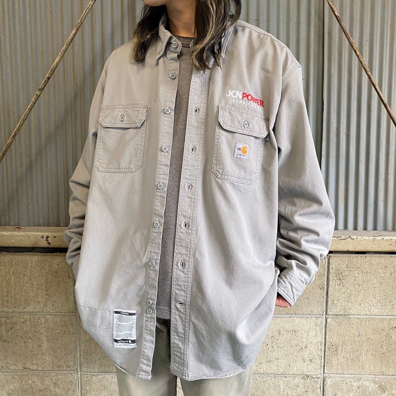 Carhartt カーハート FR ボタンダウン 企業ロゴ刺繍 長袖 ワークシャツ メンズXL 古着 ビンテージ ヴィンテージ ライトグレー 灰色  【長袖シャツ】 | cave 古着屋【公式】古着通販サイト