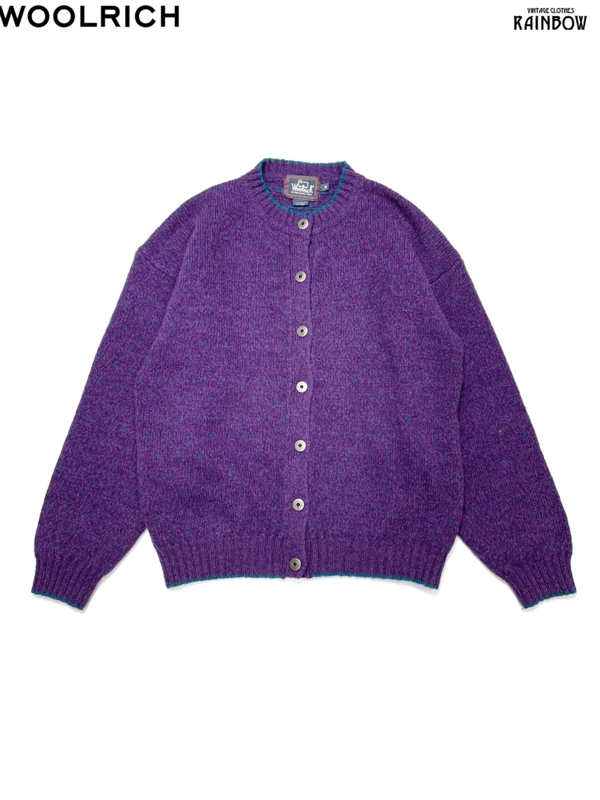 古着 WOOLRICH ウールリッチ 無地 ウール 長袖 ニット カーディガン 紫 
