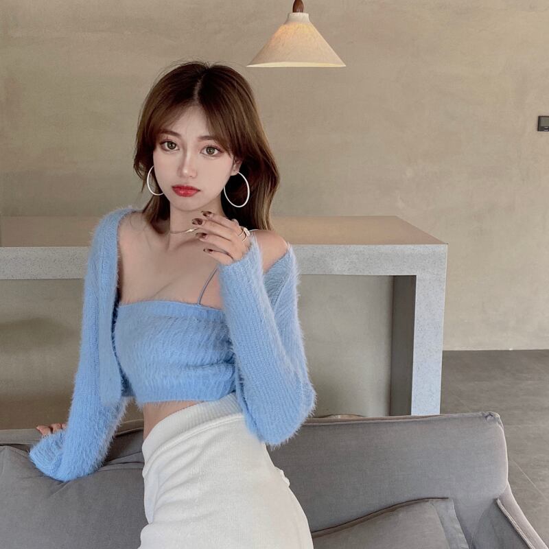 ニットショートセーター スプリング薄手ブルートップス ロング カーディガン 春物 ブラックストロベリース36773286022