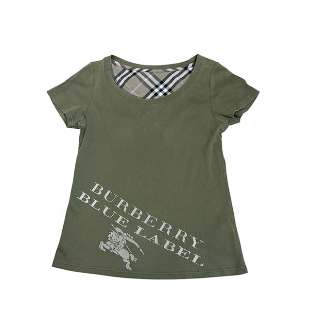 古着 バーバリーブルーレーベル 半袖 Tシャツ クリーニング済み ロゴプリント オリーブグリーン レディース サイズ38