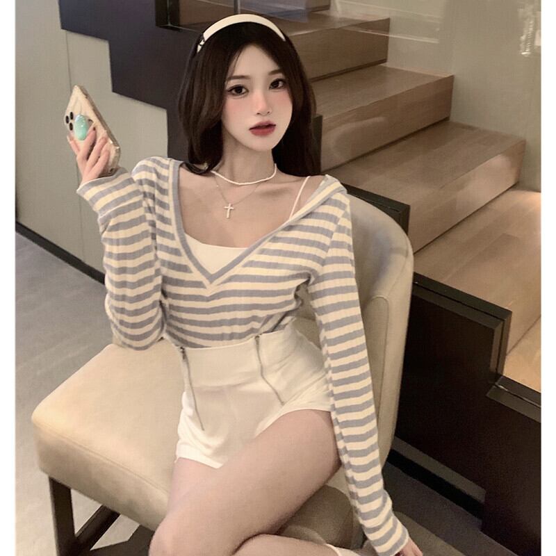 オータムショートストライプ長袖スリーブセーター ホワイトウェストスカート ロング ストリート 秋物 ガールズファッション66826010263