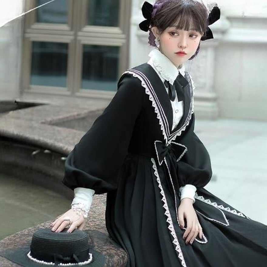 ロリータ ゴシック ゴスロリ ワンピース 深V字ネック 学園 制服 暗黒系