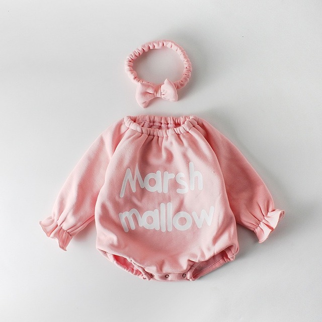 ヘッドリボンアクセ付き♡Marshmallowフリルスウェットベビーロンパース ピンク