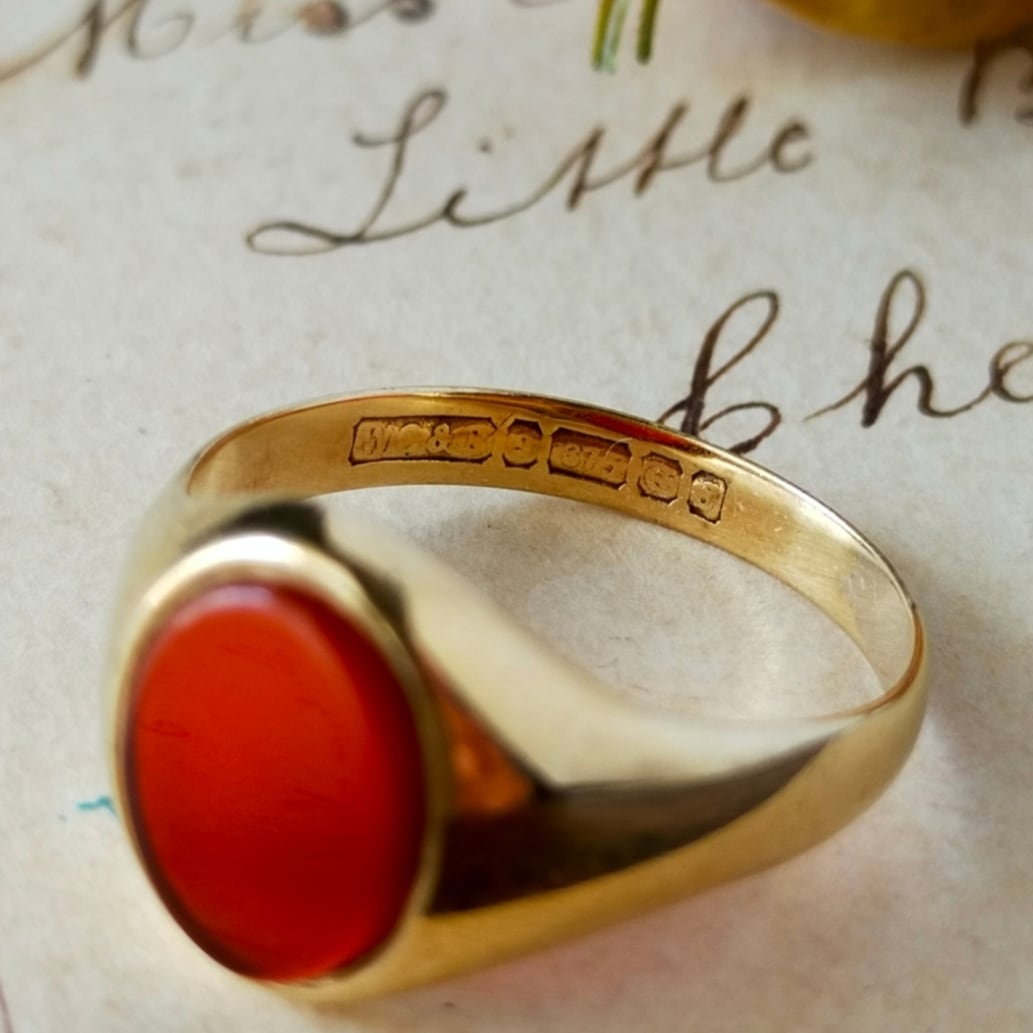 英国 1967年 ヴィンテージ 9kゴールド カーネリアン シグネット