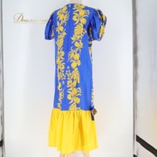 フラダンス 衣装 ワンピース ドレス ブルー系 イエロー系 リボン パフスリーブ モンステラ柄 花柄 かわいい 華やか 鮮やか 明るい 青 黄 ダンス衣装 ハワイアンダンス レディース ハワイアン アロハ ハワイアンプリント フラ ダンス レッスン 練習 黄色