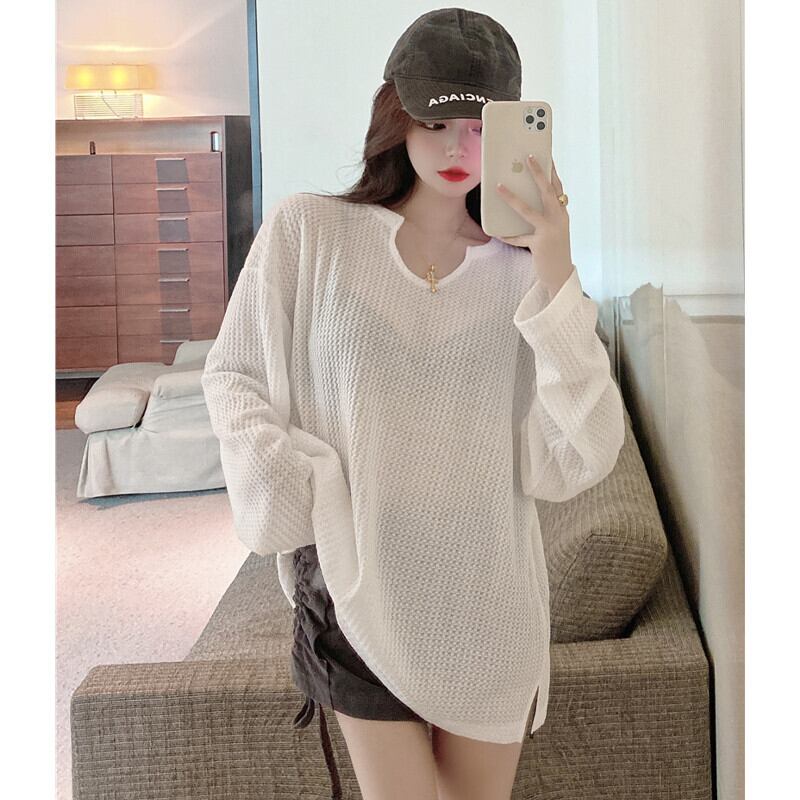 ホワイトTシャツ シャツ オータムルーズ薄手トップス Vネックカジュアル 秋物 ガールズファッション12001583920