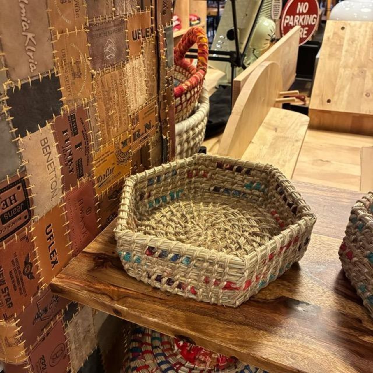 Bangladesh Kaisa & Recycled Sari Hexagonal Basket, Small, People Tree, Fair Trade, Eco-Friendly Basket