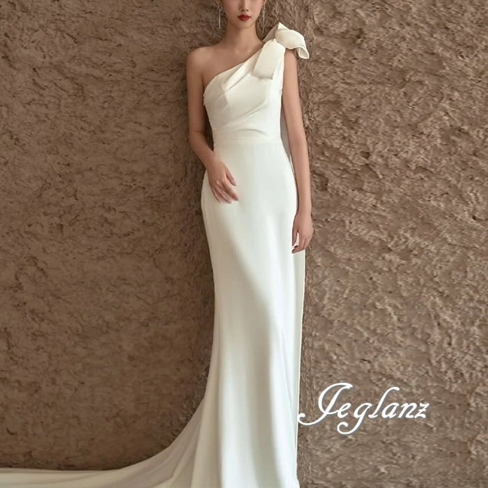 美ライン ウエディング ドレス ワンショルダー 肩リボン 大人 美ライン ウエディング ドレス ワンショルダー 肩リボン 大人