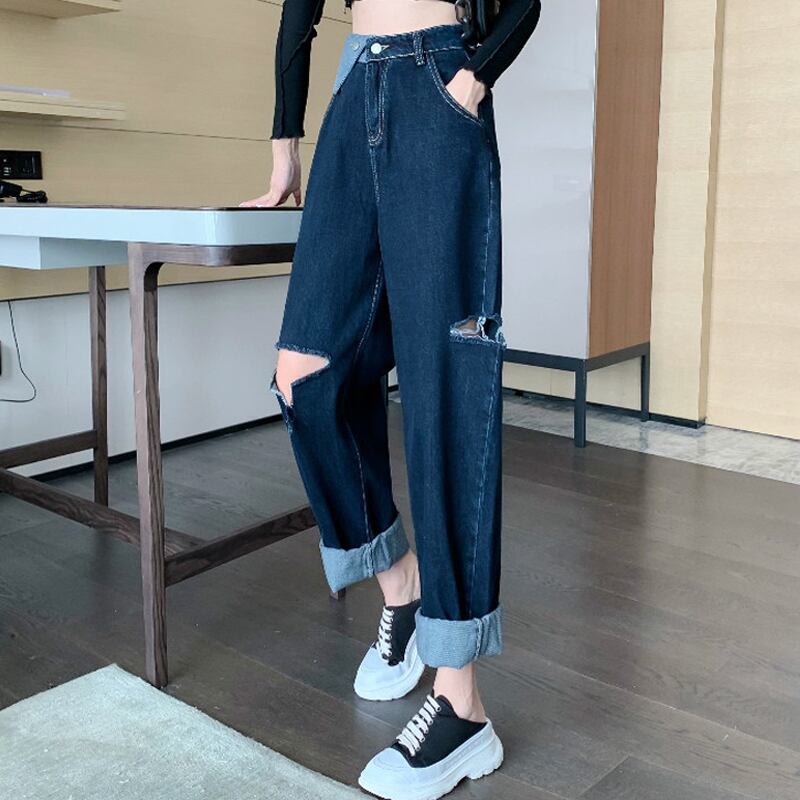 スプリングオータムハイウェストウェストジーンズ ルーズパンツ 春物 秋物 スーパーモール65582209348