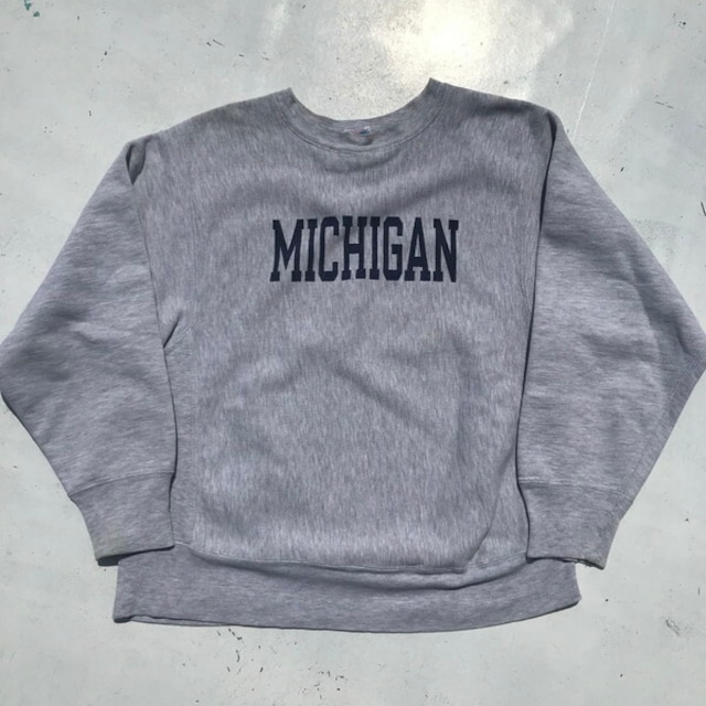 80's Champion チャンピオン リバースウィーブ スウェット MICHIGAN グレー 杢 染み込みプリント トリコタグ 後期 USA製 MEDIUM 希少 ヴィンテージ