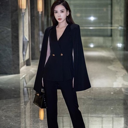 セットアップ レディース パンツスーツ ケープ ノーカラージャケット Vネック ダブル ポンチョ クロップドパンツ スリム 上下セット エレガント 結婚式 披露宴 謝恩会 パーティー おしゃれ