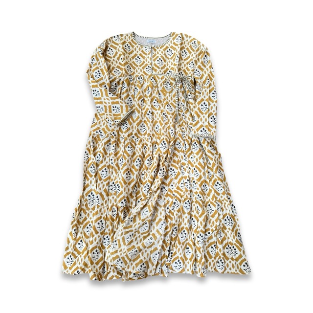 saruche バガトリ ギャザーティアードワンピース 格子花黄