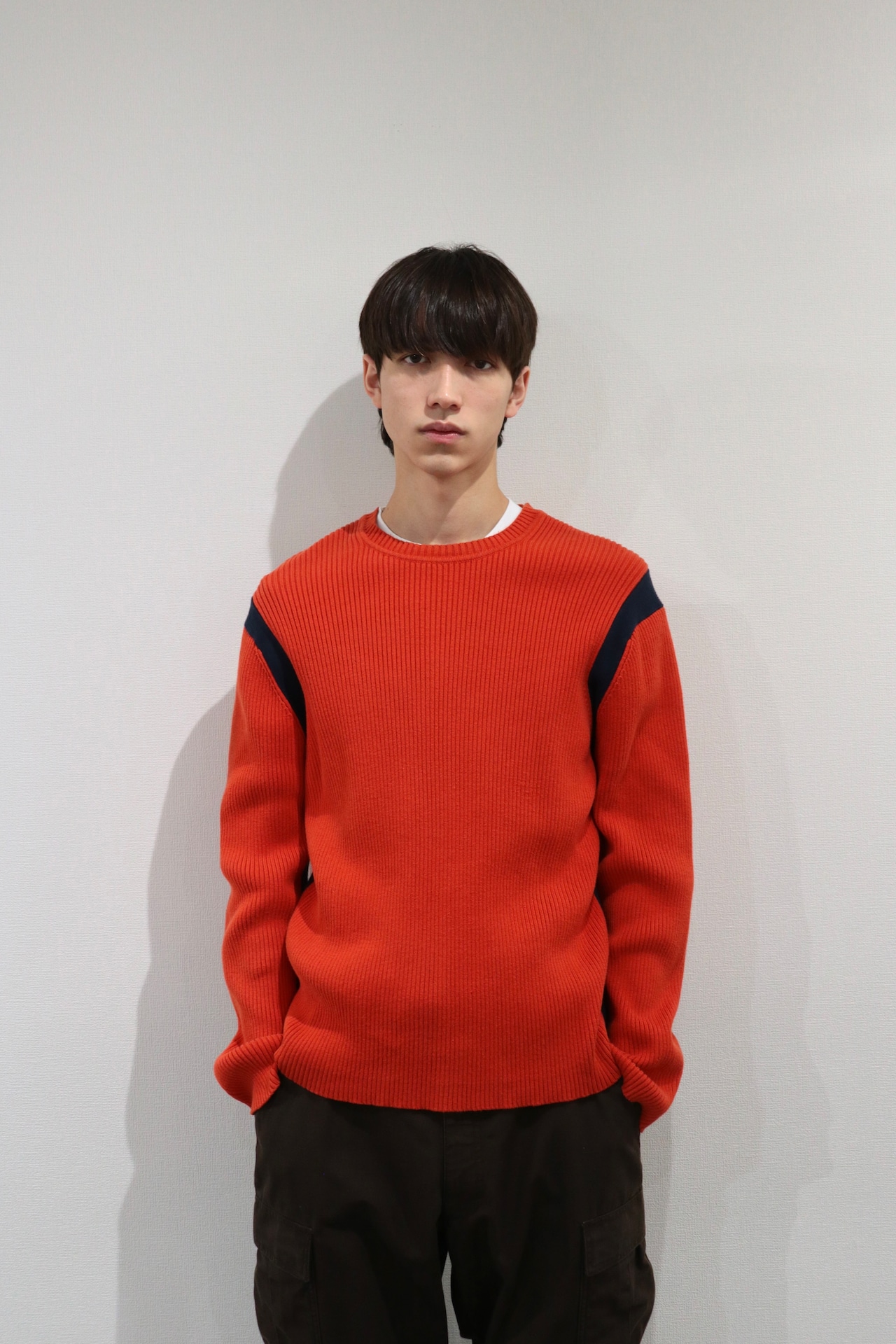 Roots orange×navy line design cotton knit sweater
