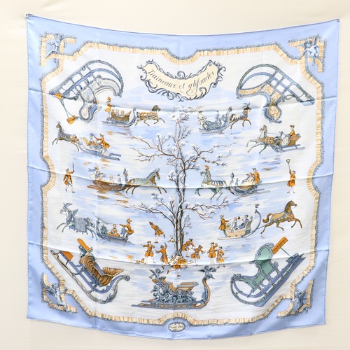 美品　HERMES　エルメス　カレ90　ソリとスケート　Traineaux et glissades　シルクスカーフ　大判ショール　23-0457