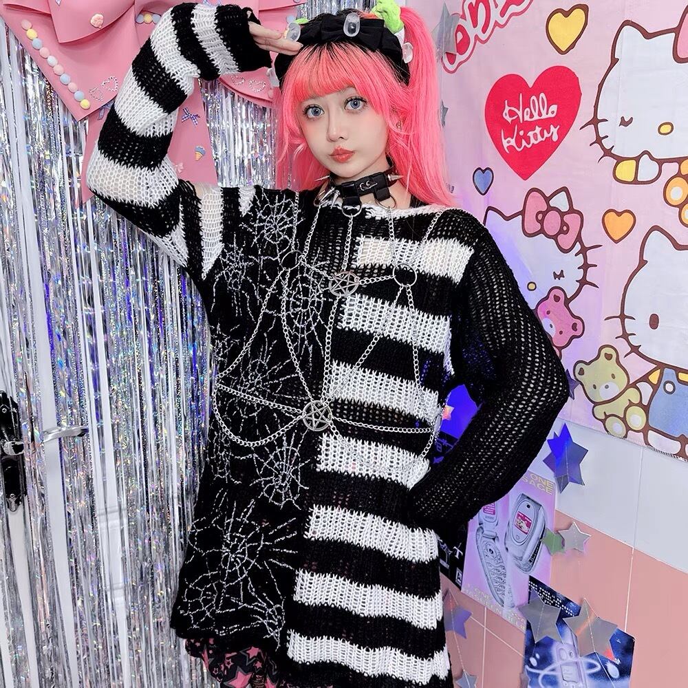 ニット ダメージ ニット ボーダー ゴスロリ ストライプ 紫 赤 白 黒