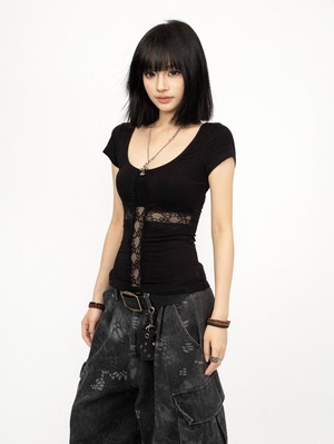 Sheer cross-neck tops