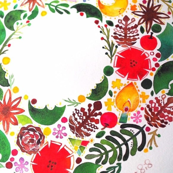 30cm×30cm 水彩画ポスター 「クリスマスリース」 | miyaco nishio