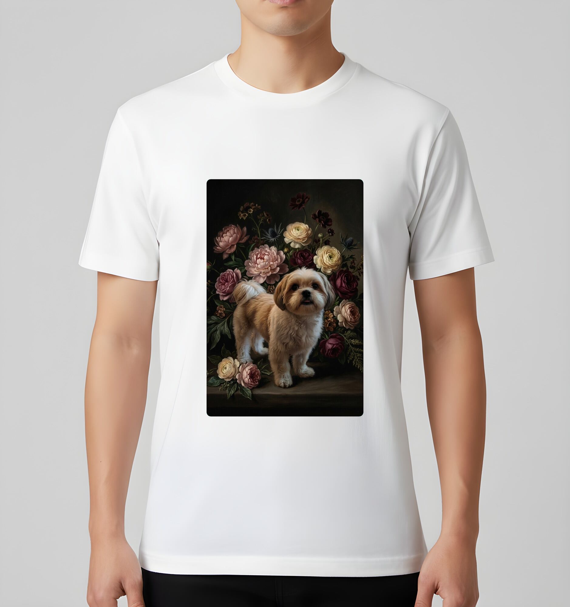 犬（シーズー）半袖Tシャツ 花の油絵風アート ホワイト 男女兼用