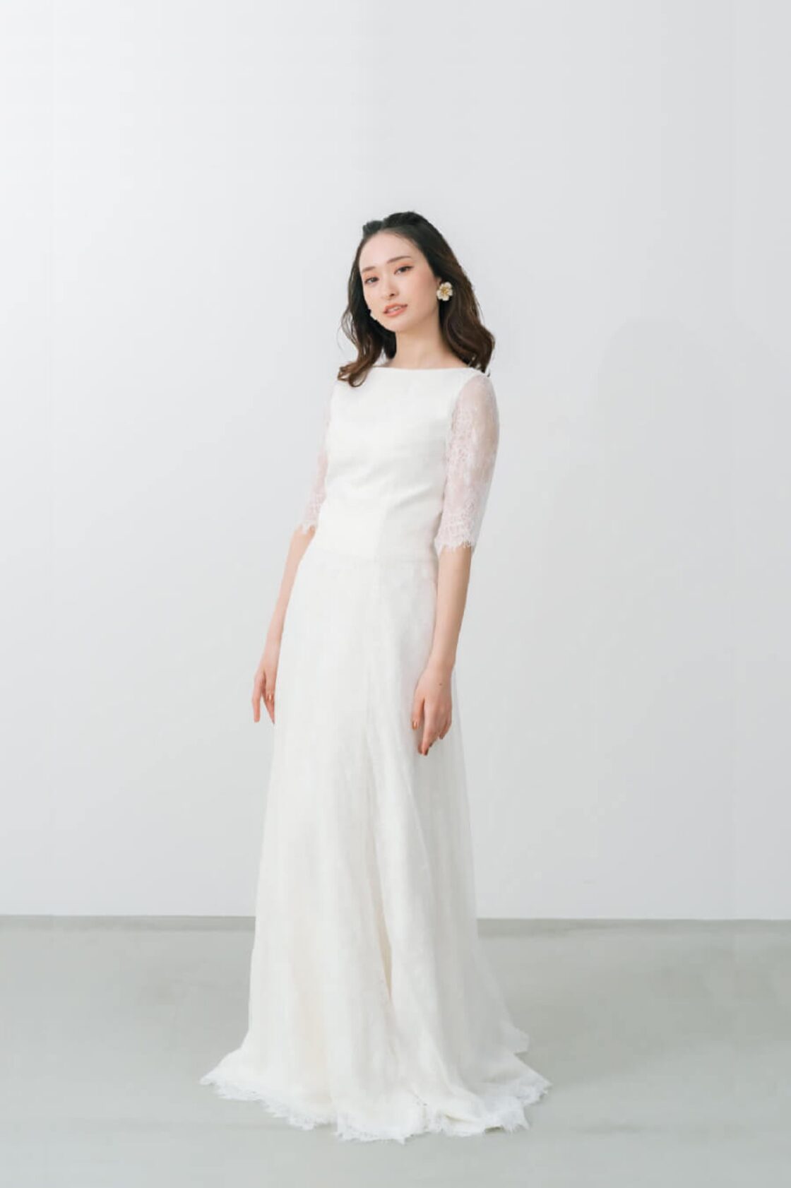 パーティードレス 七分袖丈 総レース 細見えシルエット エレガント  