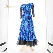 社交ダンス 衣装 スタンダード 上下セット ツーピース レッスンウェア パーティ衣装 レディース 青 黒 ブルー系 ブラック系 花柄 レース 長袖 花模様 エレガント おしゃれ フェミニン パフォーマンス ダンス衣装 上品 カジュアル 春夏 秋冬 伸縮性 リラックスフィット ウエストゴム 送料無料